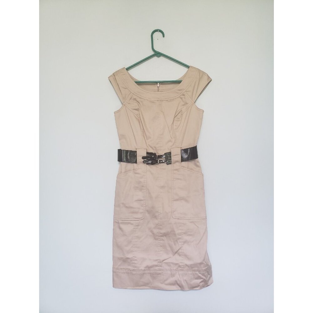 White House Black Market Womens Sz 0 Mini Dress Belted Tan Cap Sleeve Stretch - Picture 1 of 5